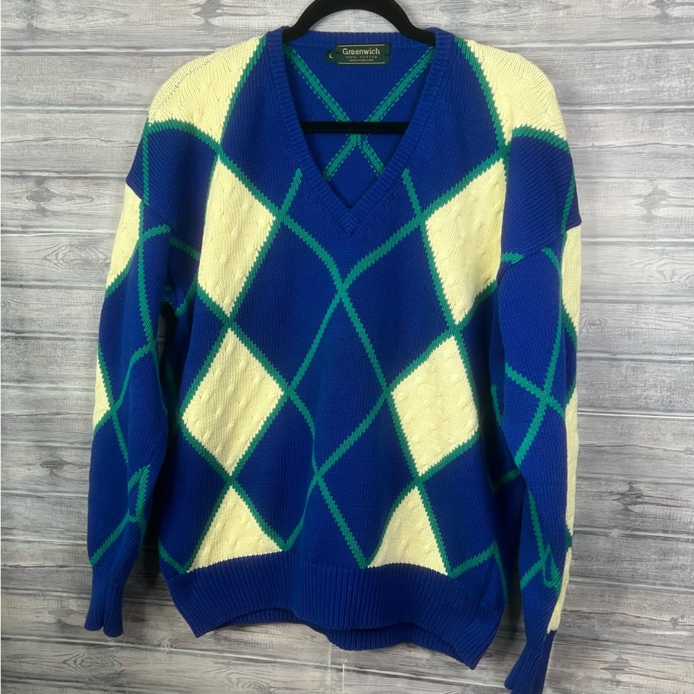 Greenwich Argyle Sweater Size Large Blue Yellow Casual Men's Women's Vintage
